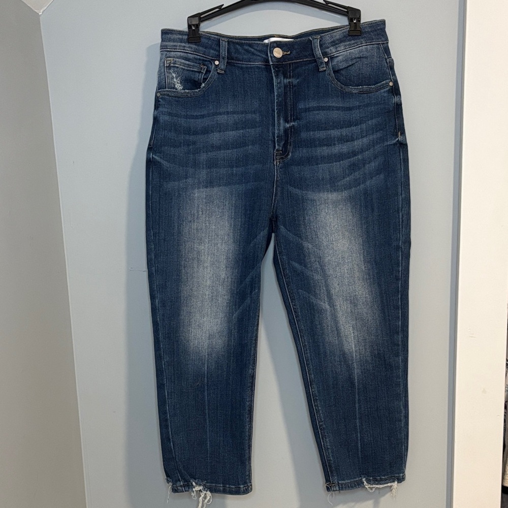 Risen Jeans Womens High Rise Ankle Skinny Distressed Raw Hem Dark Wash 13/31